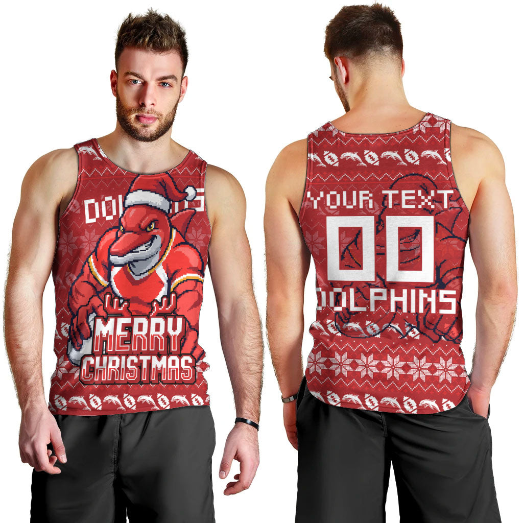 Personalized Dolphins Christmas Men Tank Top Australian Rugby Fans - Pixelated Ugly Xmas Pattern Mascot Santa