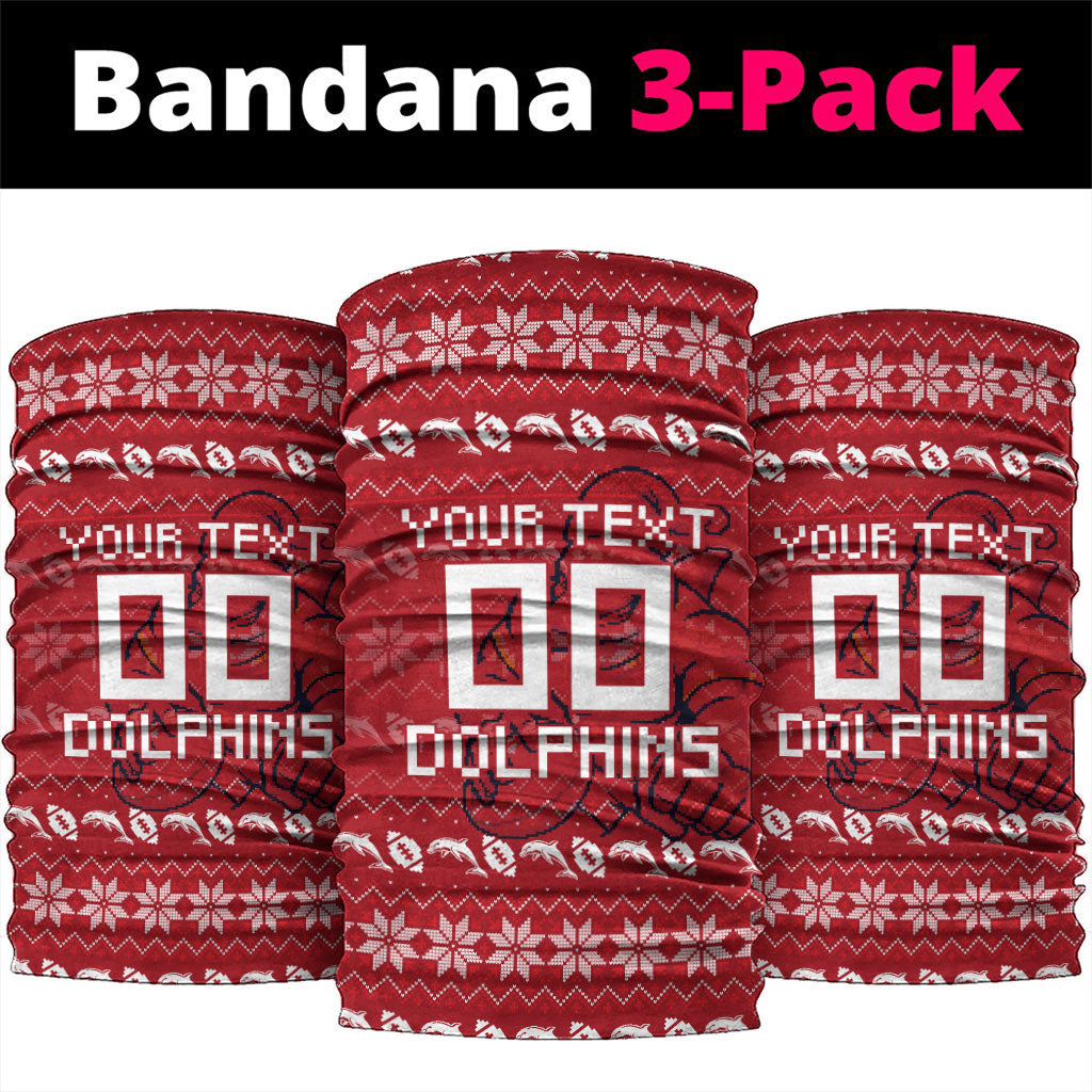 Personalized Dolphins Christmas Neck Gaiter Australian Rugby Fans - Pixelated Ugly Xmas Pattern Mascot Santa