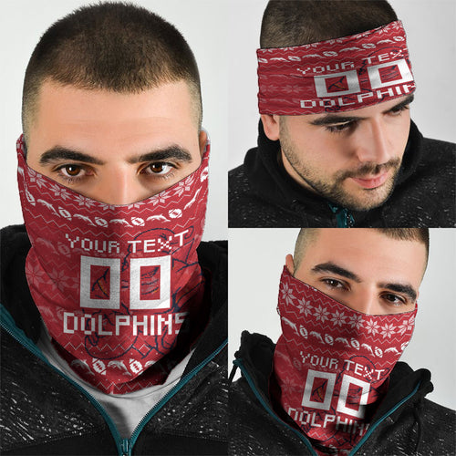 Personalized Dolphins Christmas Neck Gaiter Australian Rugby Fans - Pixelated Ugly Xmas Pattern Mascot Santa