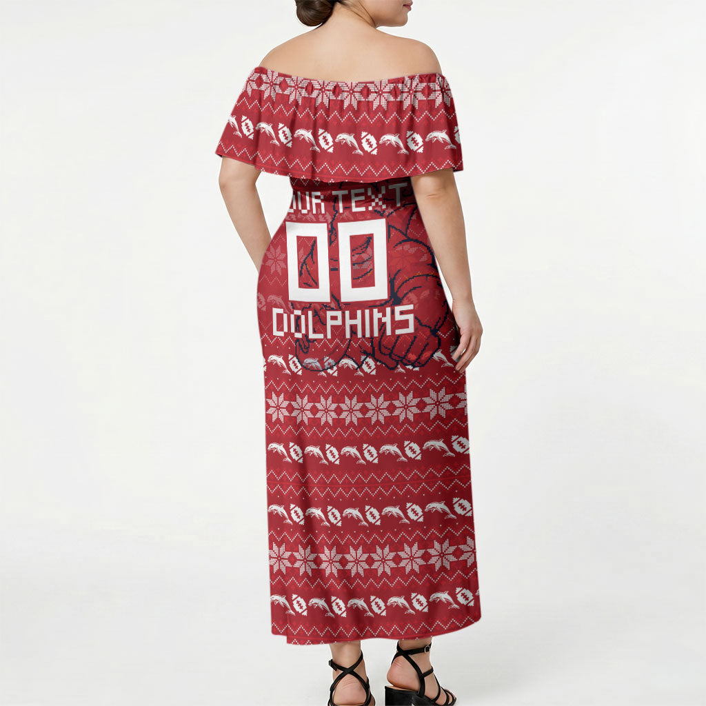 Personalized Dolphins Christmas Off Shoulder Maxi Dress Australian Rugby Fans - Pixelated Ugly Xmas Pattern Mascot Santa