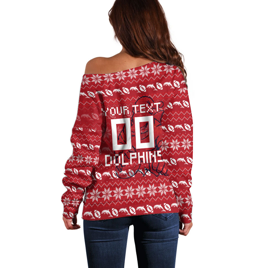 Personalized Dolphins Christmas Off Shoulder Sweater Australian Rugby Fans - Pixelated Ugly Xmas Pattern Mascot Santa