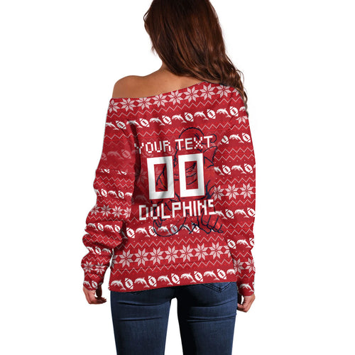 Personalized Dolphins Christmas Off Shoulder Sweater Australian Rugby Fans - Pixelated Ugly Xmas Pattern Mascot Santa