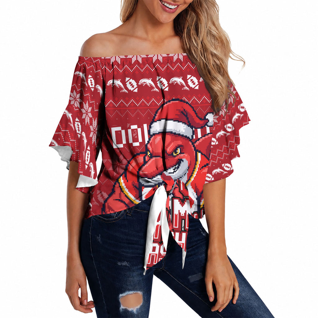 Personalized Dolphins Christmas Off Shoulder Wrap Waist Top Australian Rugby Fans - Pixelated Ugly Xmas Pattern Mascot Santa