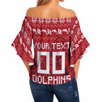 Personalized Dolphins Christmas Off Shoulder Wrap Waist Top Australian Rugby Fans - Pixelated Ugly Xmas Pattern Mascot Santa