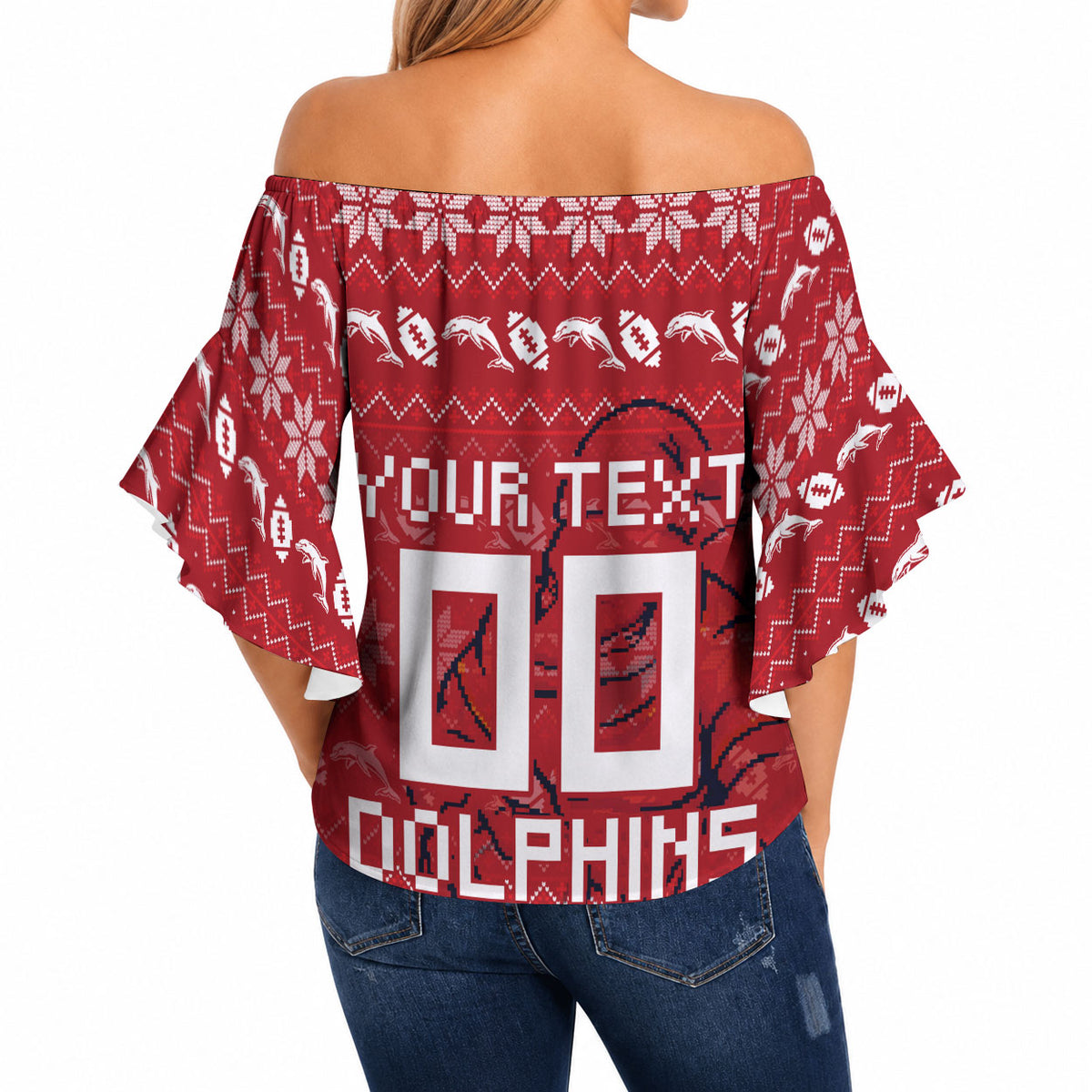 Personalized Dolphins Christmas Off Shoulder Wrap Waist Top Australian Rugby Fans - Pixelated Ugly Xmas Pattern Mascot Santa