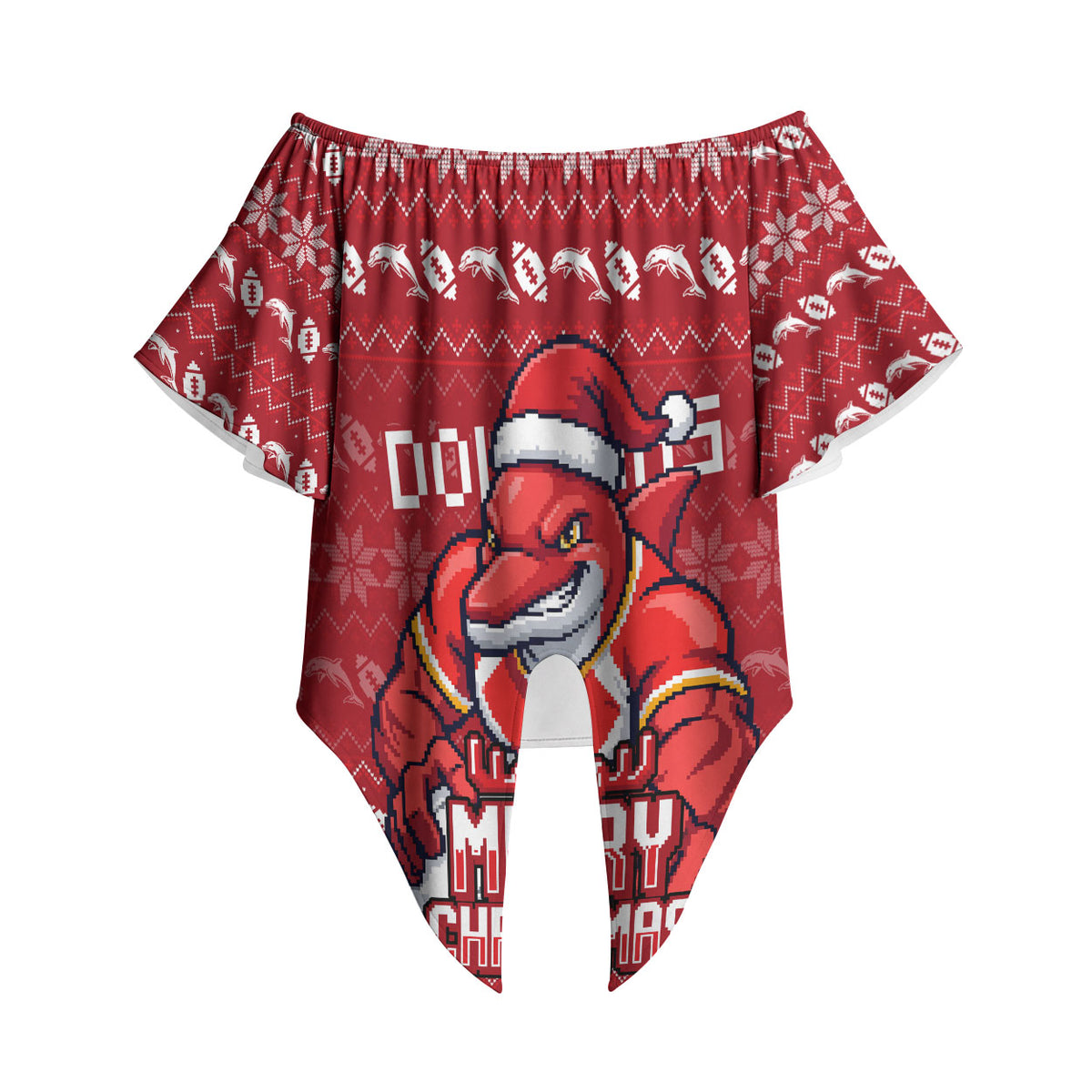 Personalized Dolphins Christmas Off Shoulder Wrap Waist Top Australian Rugby Fans - Pixelated Ugly Xmas Pattern Mascot Santa