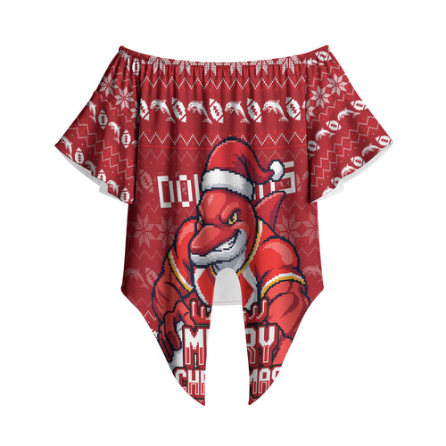 Personalized Dolphins Christmas Off Shoulder Wrap Waist Top Australian Rugby Fans - Pixelated Ugly Xmas Pattern Mascot Santa