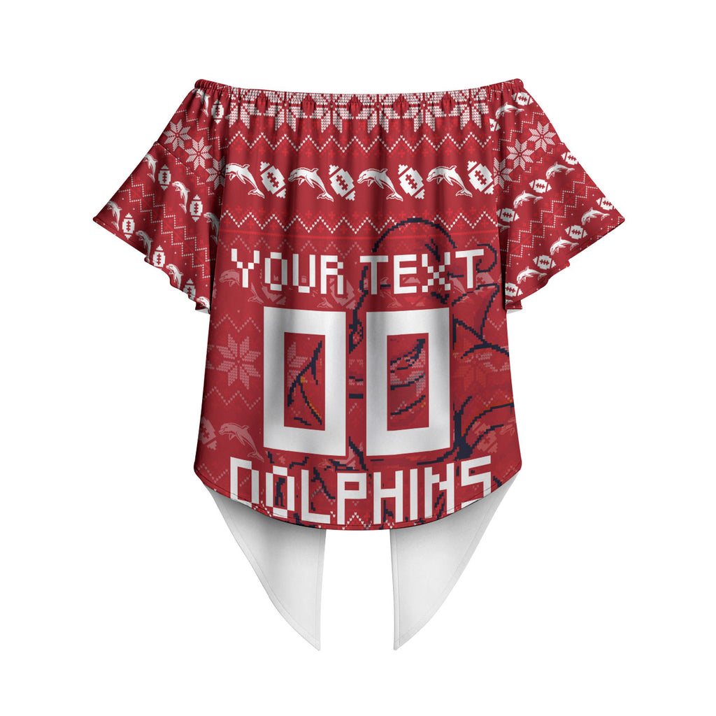 Personalized Dolphins Christmas Off Shoulder Wrap Waist Top Australian Rugby Fans - Pixelated Ugly Xmas Pattern Mascot Santa