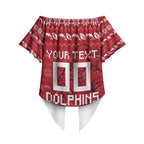 Personalized Dolphins Christmas Off Shoulder Wrap Waist Top Australian Rugby Fans - Pixelated Ugly Xmas Pattern Mascot Santa