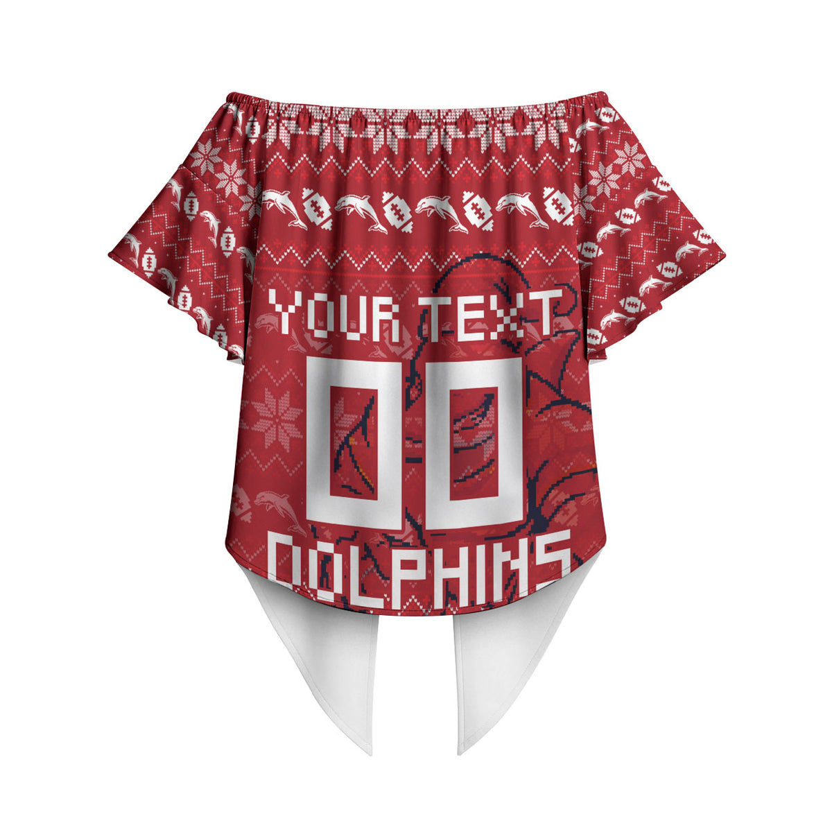 Personalized Dolphins Christmas Off Shoulder Wrap Waist Top Australian Rugby Fans - Pixelated Ugly Xmas Pattern Mascot Santa