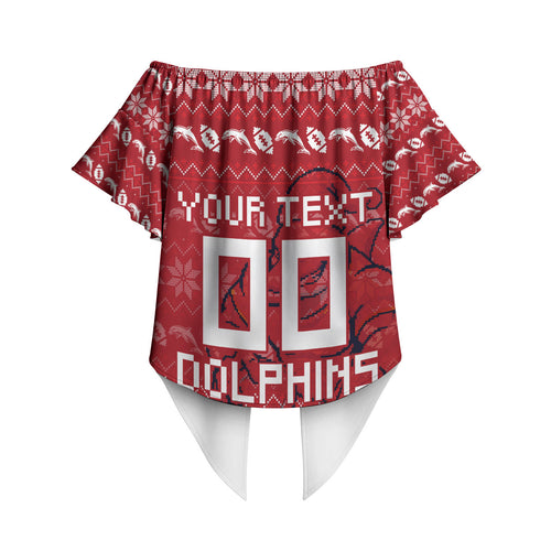 Personalized Dolphins Christmas Off Shoulder Wrap Waist Top Australian Rugby Fans - Pixelated Ugly Xmas Pattern Mascot Santa