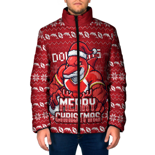 Personalized Dolphins Christmas Padded Jacket Australian Rugby Fans - Pixelated Ugly Xmas Pattern Mascot Santa