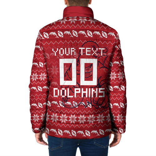 Personalized Dolphins Christmas Padded Jacket Australian Rugby Fans - Pixelated Ugly Xmas Pattern Mascot Santa