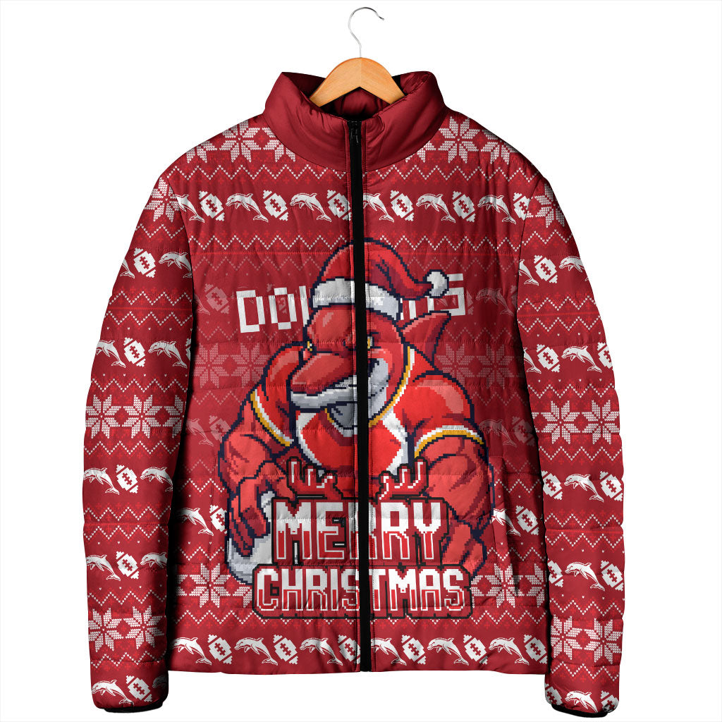 Personalized Dolphins Christmas Padded Jacket Australian Rugby Fans - Pixelated Ugly Xmas Pattern Mascot Santa