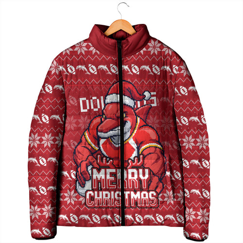 Personalized Dolphins Christmas Padded Jacket Australian Rugby Fans - Pixelated Ugly Xmas Pattern Mascot Santa