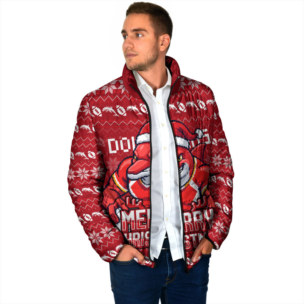Personalized Dolphins Christmas Padded Jacket Australian Rugby Fans - Pixelated Ugly Xmas Pattern Mascot Santa