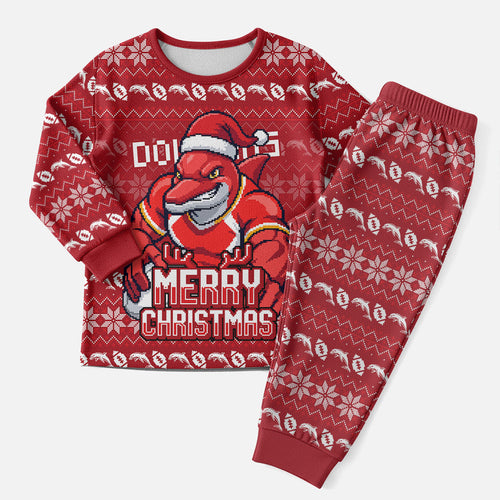 Personalized Dolphins Christmas Pajama Set Australian Rugby Fans - Pixelated Ugly Xmas Pattern Mascot Santa