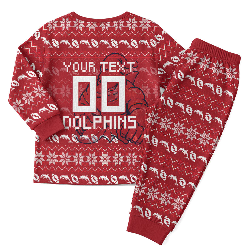 Personalized Dolphins Christmas Pajama Set Australian Rugby Fans - Pixelated Ugly Xmas Pattern Mascot Santa