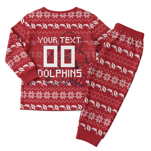 Personalized Dolphins Christmas Pajama Set Australian Rugby Fans - Pixelated Ugly Xmas Pattern Mascot Santa