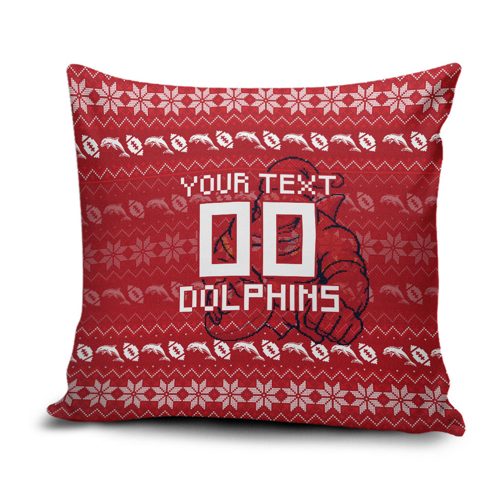 Personalized Dolphins Christmas Pillow Cover Australian Rugby Fans - Pixelated Ugly Xmas Pattern Mascot Santa