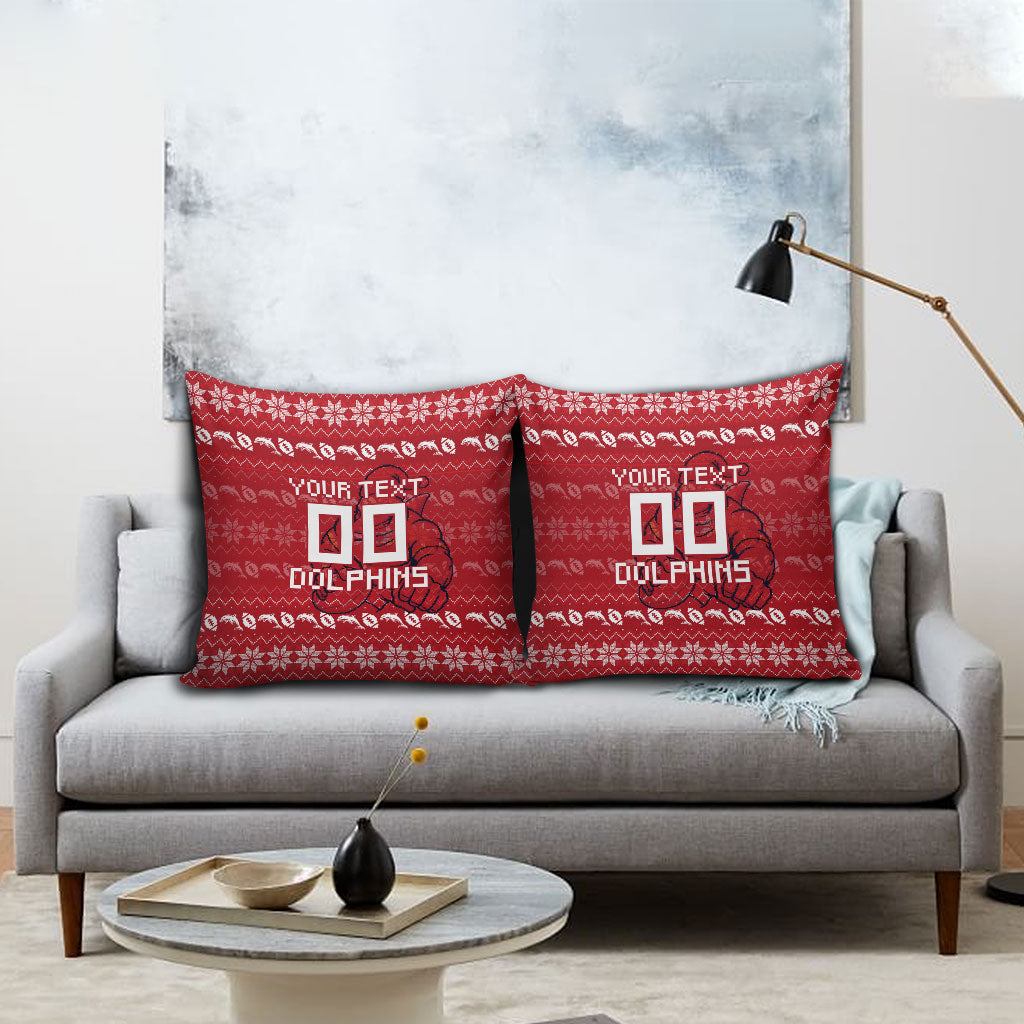 Personalized Dolphins Christmas Pillow Cover Australian Rugby Fans - Pixelated Ugly Xmas Pattern Mascot Santa