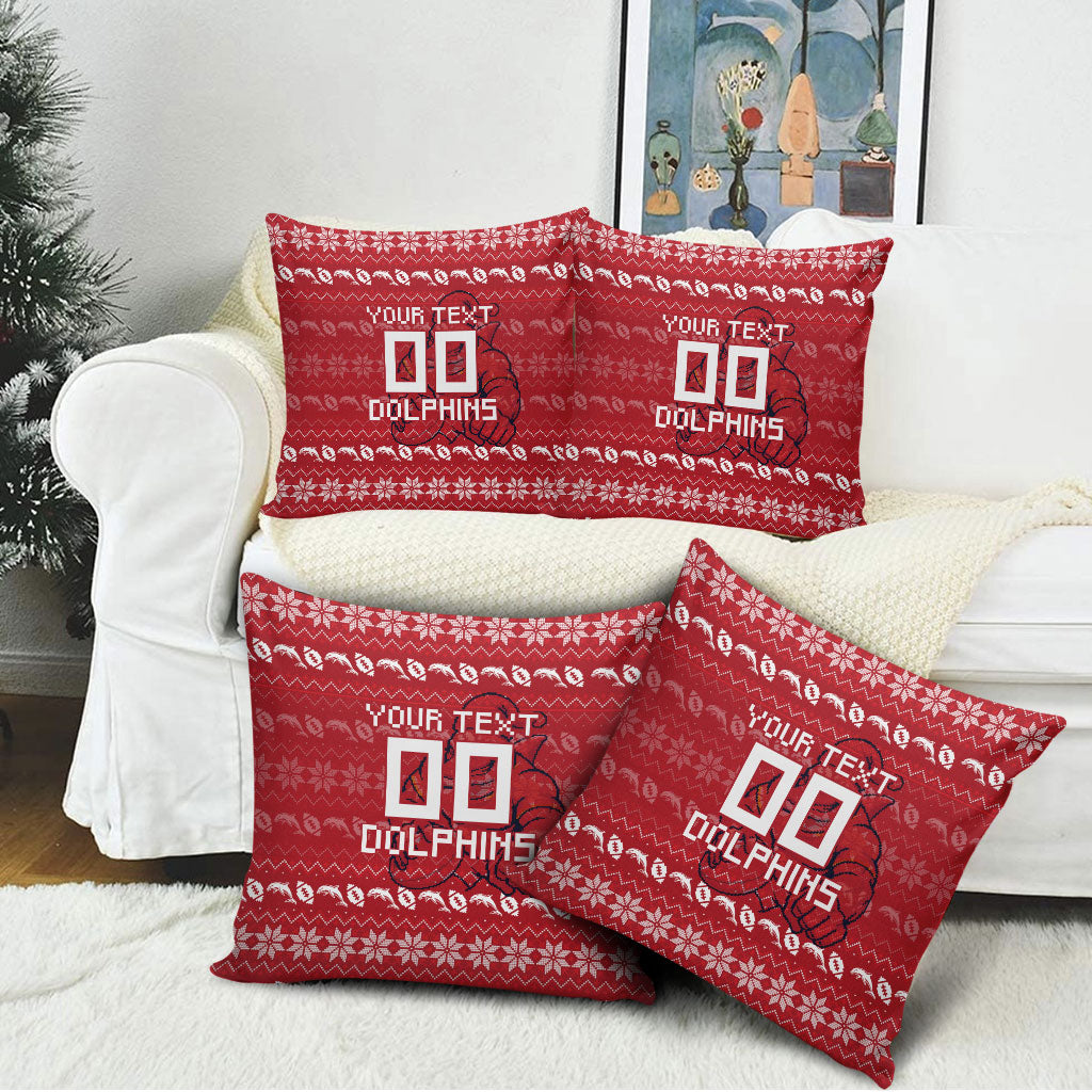 Personalized Dolphins Christmas Pillow Cover Australian Rugby Fans - Pixelated Ugly Xmas Pattern Mascot Santa