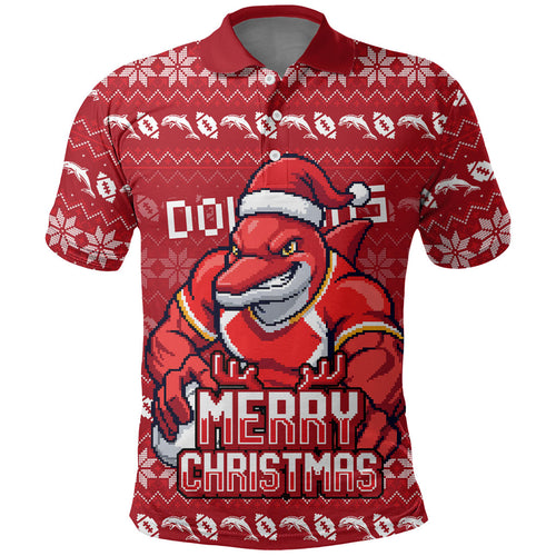 Personalized Dolphins Christmas Polo Shirt Australian Rugby Fans - Pixelated Ugly Xmas Pattern Mascot Santa