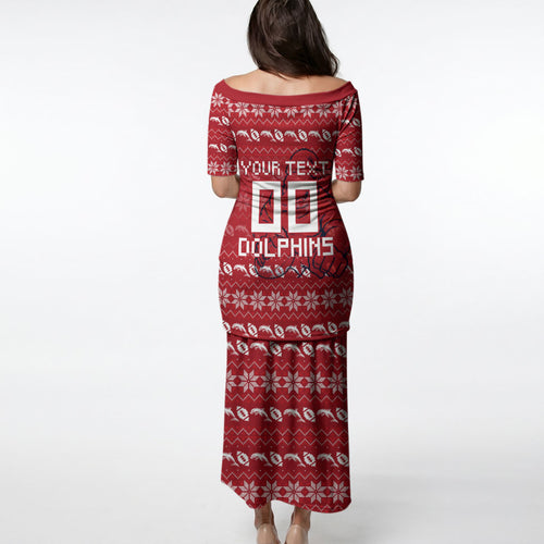 Personalized Dolphins Christmas Puletasi Australian Rugby Fans - Pixelated Ugly Xmas Pattern Mascot Santa