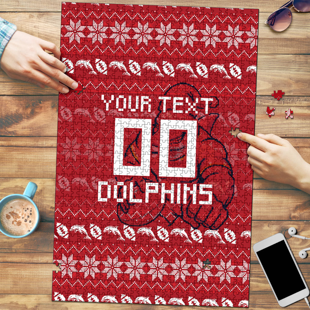 Personalized Dolphins Christmas Puzzle Australian Rugby Fans - Pixelated Ugly Xmas Pattern Mascot Santa