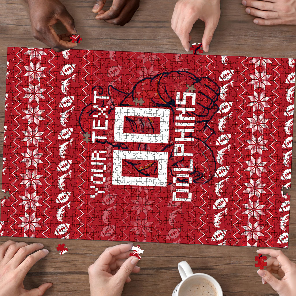 Personalized Dolphins Christmas Puzzle Australian Rugby Fans - Pixelated Ugly Xmas Pattern Mascot Santa