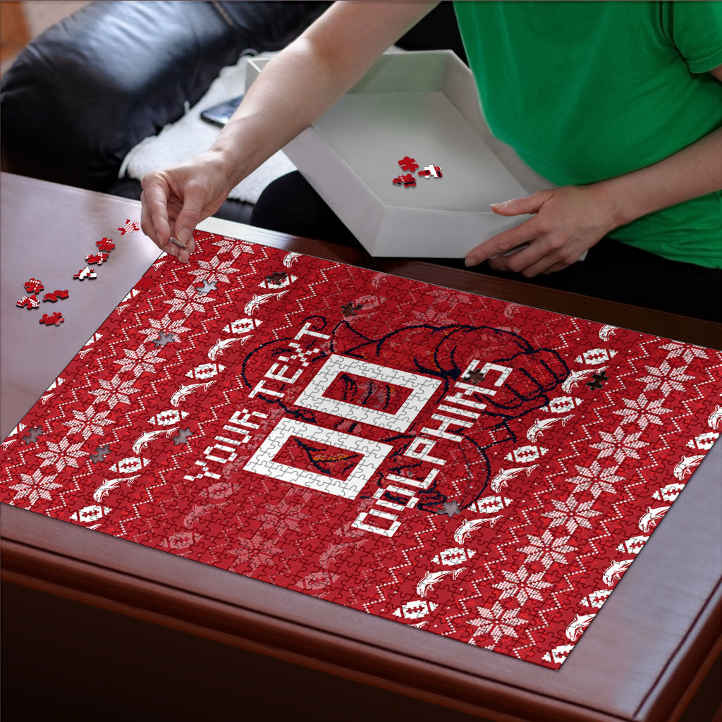 Personalized Dolphins Christmas Puzzle Australian Rugby Fans - Pixelated Ugly Xmas Pattern Mascot Santa