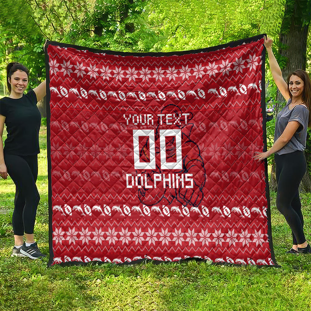 Personalized Dolphins Christmas Quilt Australian Rugby Fans - Pixelated Ugly Xmas Pattern Mascot Santa