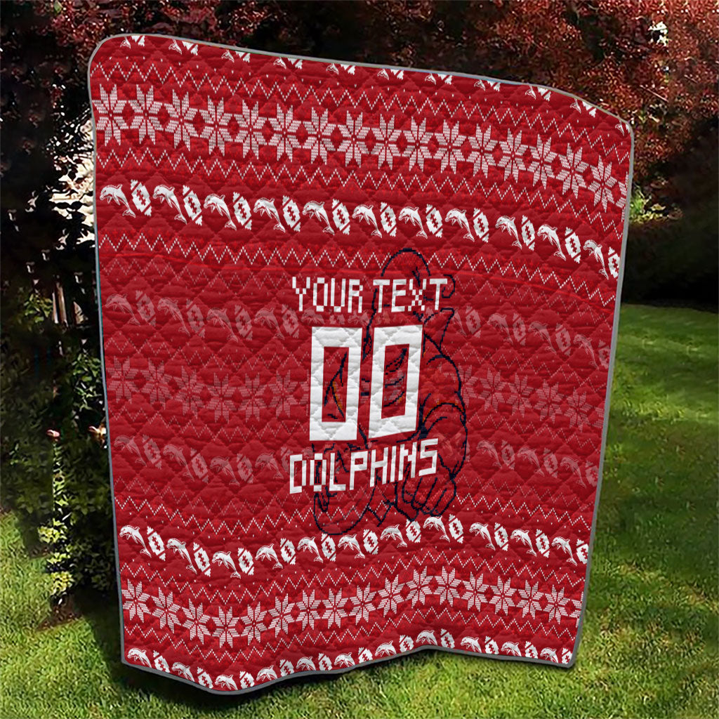 Personalized Dolphins Christmas Quilt Australian Rugby Fans - Pixelated Ugly Xmas Pattern Mascot Santa