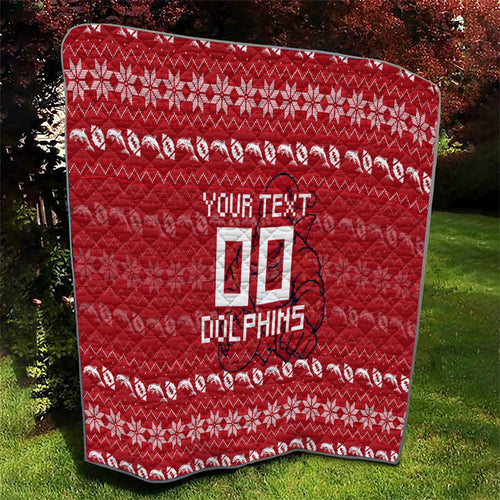 Personalized Dolphins Christmas Quilt Australian Rugby Fans - Pixelated Ugly Xmas Pattern Mascot Santa