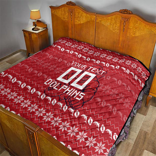 Personalized Dolphins Christmas Quilt Australian Rugby Fans - Pixelated Ugly Xmas Pattern Mascot Santa