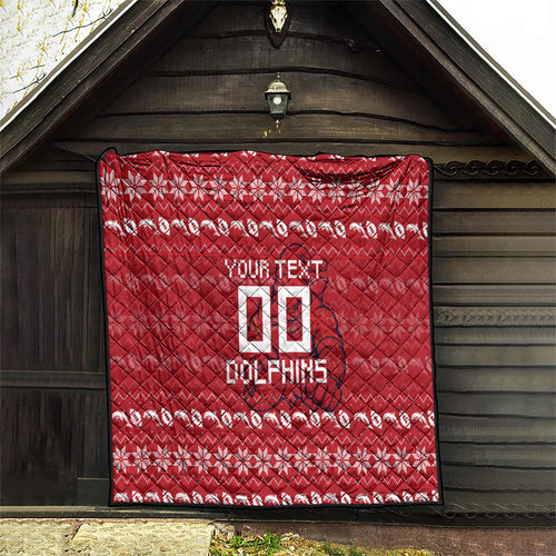 Personalized Dolphins Christmas Quilt Australian Rugby Fans - Pixelated Ugly Xmas Pattern Mascot Santa