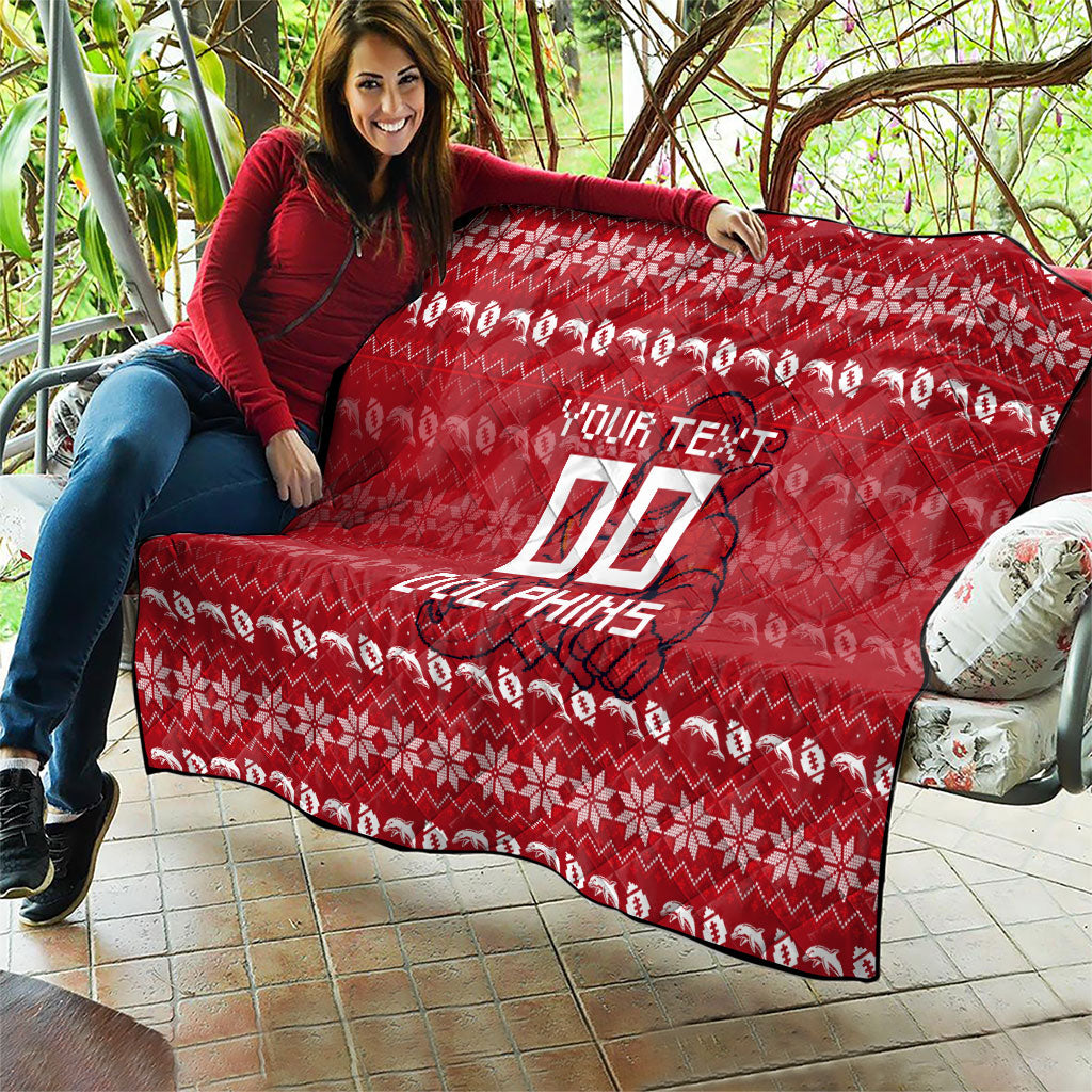 Personalized Dolphins Christmas Quilt Australian Rugby Fans - Pixelated Ugly Xmas Pattern Mascot Santa