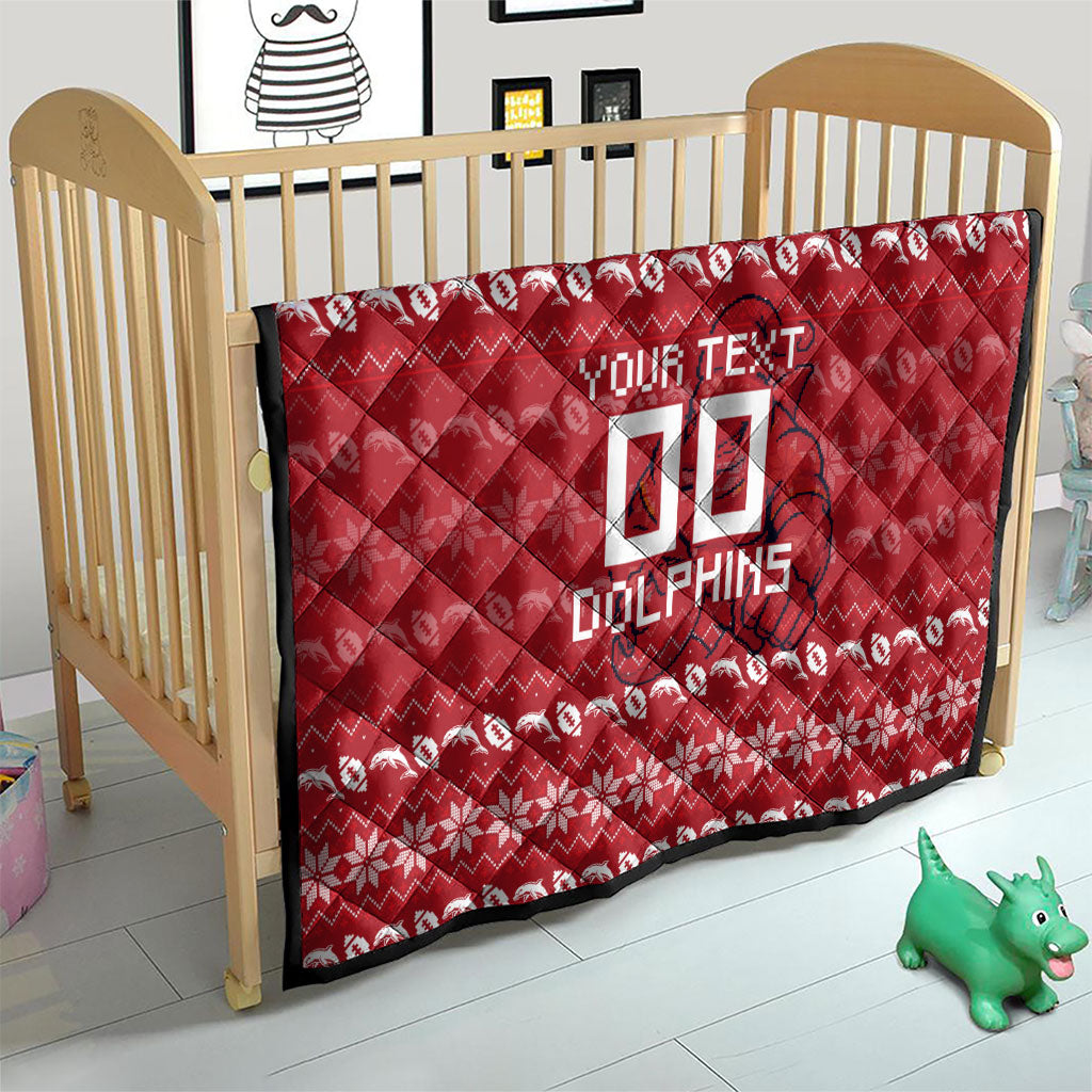 Personalized Dolphins Christmas Quilt Australian Rugby Fans - Pixelated Ugly Xmas Pattern Mascot Santa