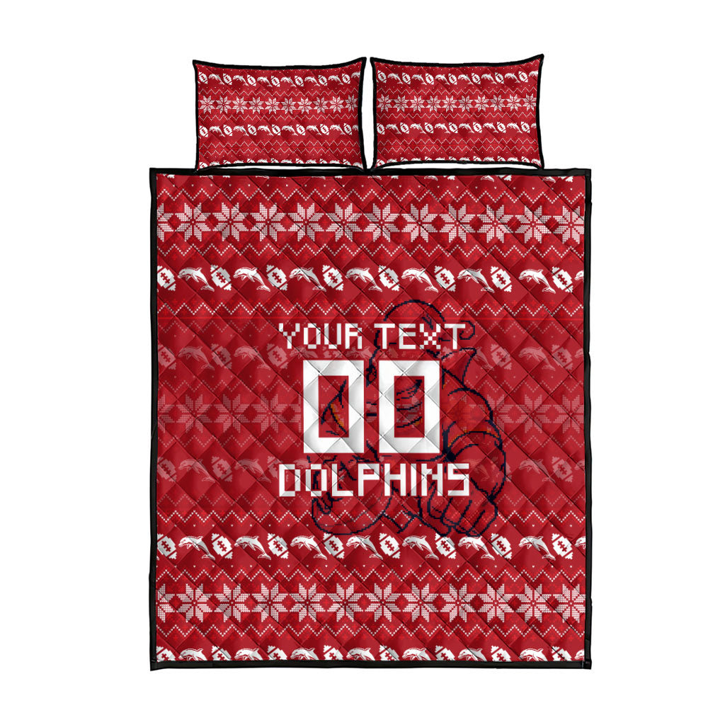 Personalized Dolphins Christmas Quilt Bed Set Australian Rugby Fans - Pixelated Ugly Xmas Pattern Mascot Santa