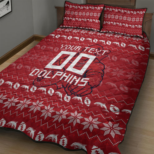 Personalized Dolphins Christmas Quilt Bed Set Australian Rugby Fans - Pixelated Ugly Xmas Pattern Mascot Santa