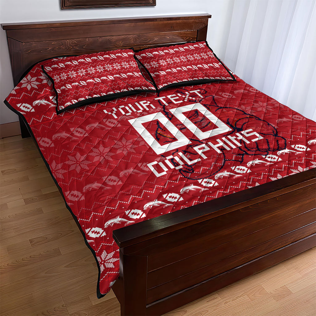 Personalized Dolphins Christmas Quilt Bed Set Australian Rugby Fans - Pixelated Ugly Xmas Pattern Mascot Santa