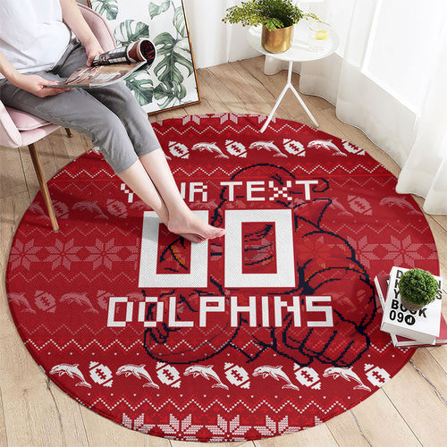 Personalized Dolphins Christmas Round Carpet Australian Rugby Fans - Pixelated Ugly Xmas Pattern Mascot Santa
