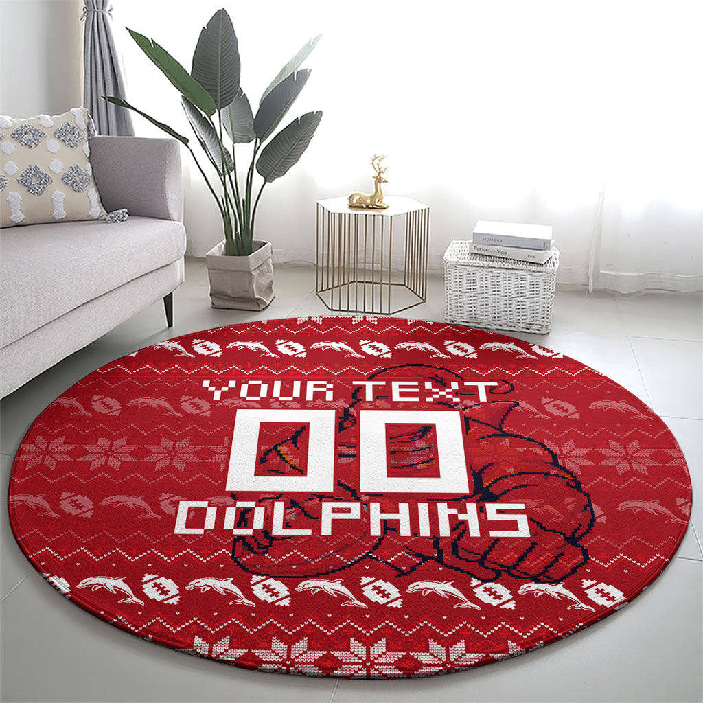 Personalized Dolphins Christmas Round Carpet Australian Rugby Fans - Pixelated Ugly Xmas Pattern Mascot Santa