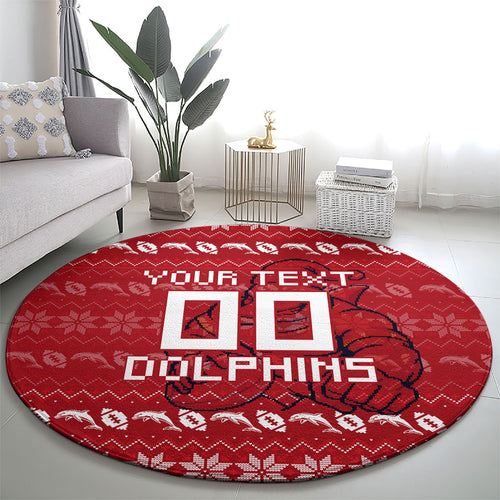 Personalized Dolphins Christmas Round Carpet Australian Rugby Fans - Pixelated Ugly Xmas Pattern Mascot Santa