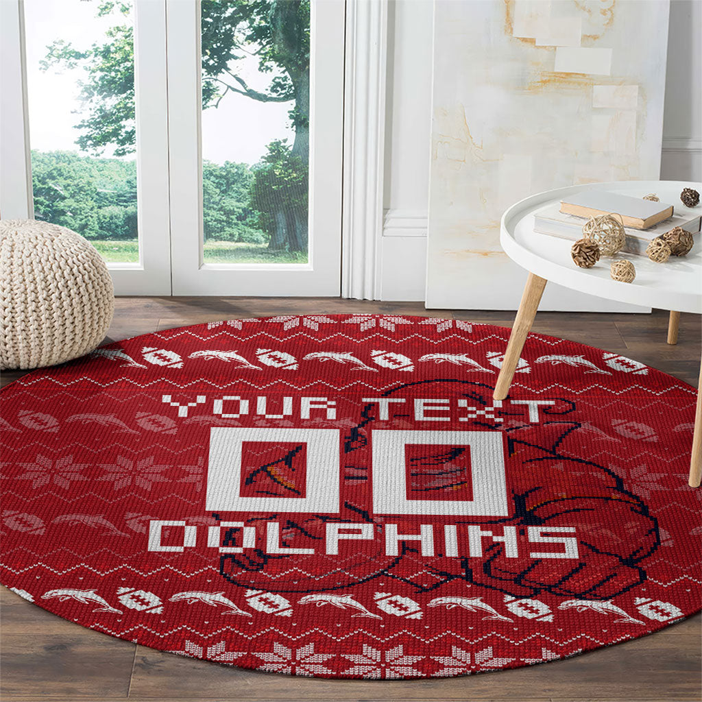 Personalized Dolphins Christmas Round Carpet Australian Rugby Fans - Pixelated Ugly Xmas Pattern Mascot Santa