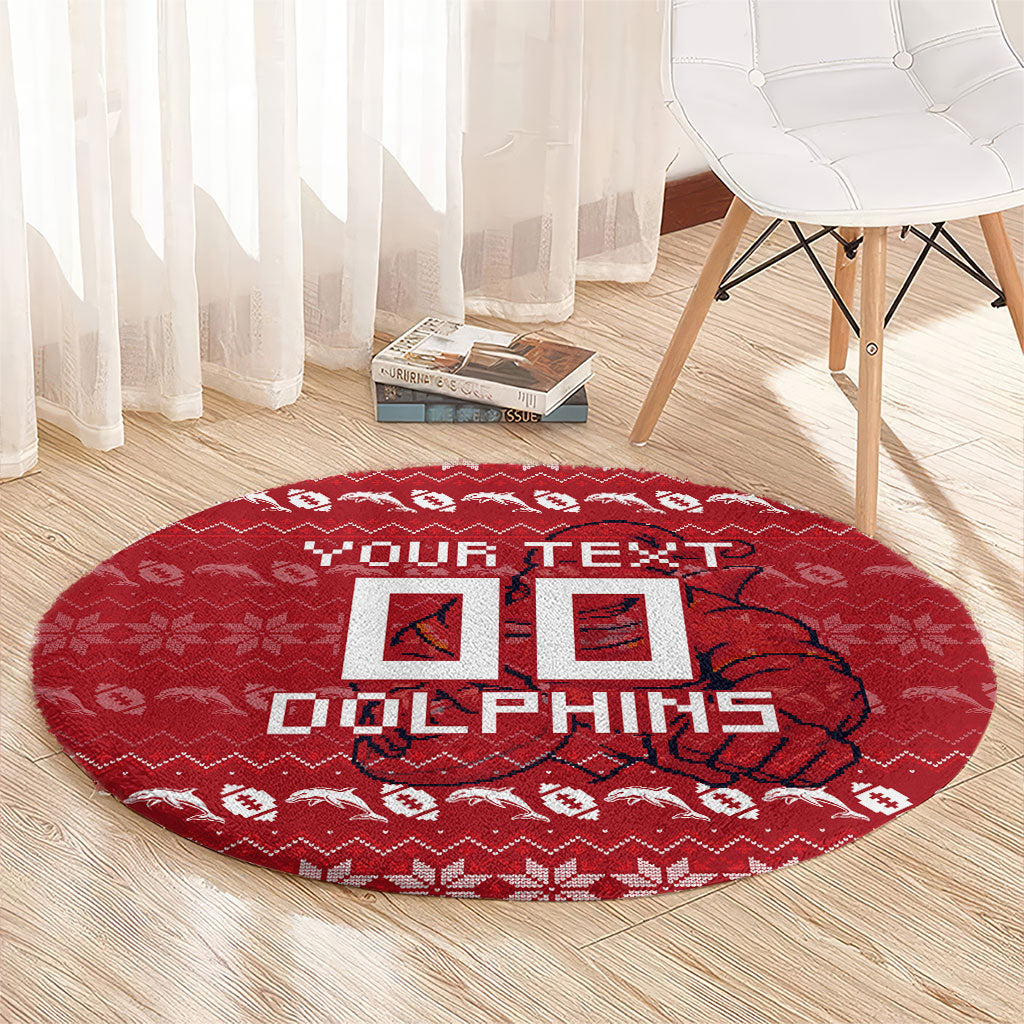 Personalized Dolphins Christmas Round Carpet Australian Rugby Fans - Pixelated Ugly Xmas Pattern Mascot Santa