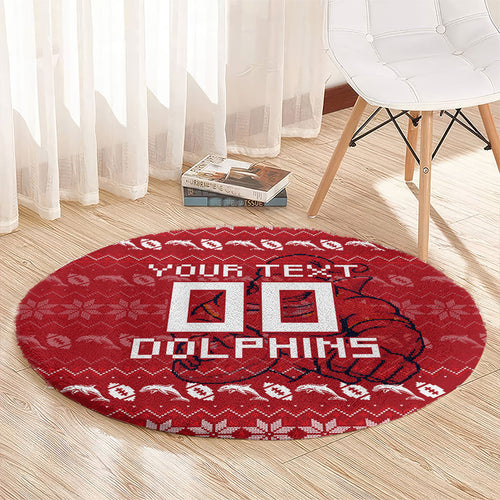 Personalized Dolphins Christmas Round Carpet Australian Rugby Fans - Pixelated Ugly Xmas Pattern Mascot Santa