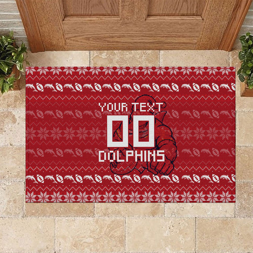 Personalized Dolphins Christmas Rubber Doormat Australian Rugby Fans - Pixelated Ugly Xmas Pattern Mascot Santa