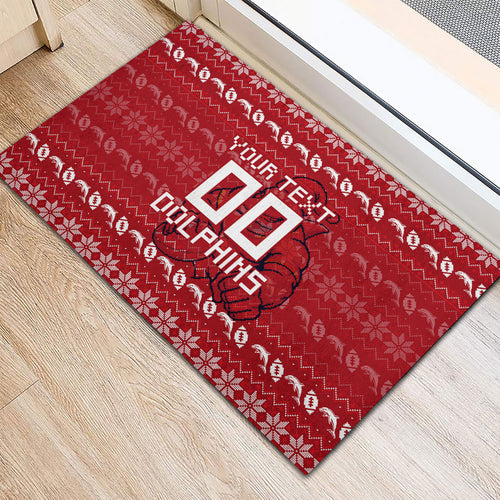Personalized Dolphins Christmas Rubber Doormat Australian Rugby Fans - Pixelated Ugly Xmas Pattern Mascot Santa