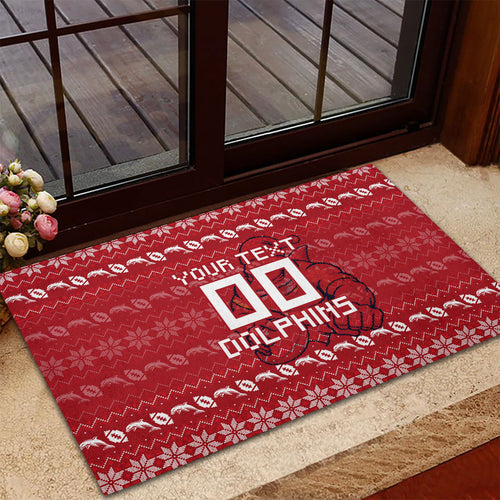 Personalized Dolphins Christmas Rubber Doormat Australian Rugby Fans - Pixelated Ugly Xmas Pattern Mascot Santa